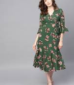 Green Floral Wrap Tie Dress