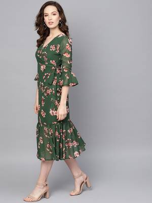 Green Floral Wrap Tie Dress 2