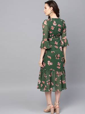 Green Floral Wrap Tie Dress 3