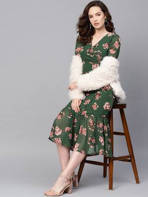 Green Floral Wrap Tie Dress 4