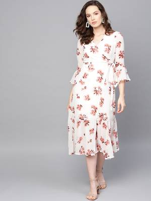 White Floral Wrap Tie Dress 1