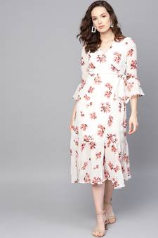 White Floral Wrap Tie Dress
