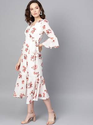 White Floral Wrap Tie Dress 2