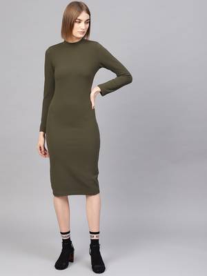 Olive High Neck Bodycon Midi Dress 1