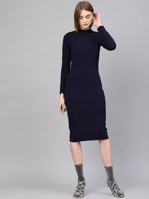 Navy High Neck Bodycon Midi Dress 1