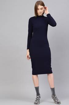 Navy High Neck Bodycon Midi Dress