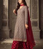 Gray and Red Georgette Plazo Replica Suit