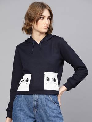 Navy Printed Pocket Crop Hoodie 1