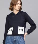 Navy Printed Pocket Crop Hoodie