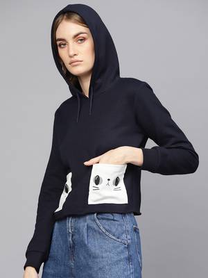Navy Printed Pocket Crop Hoodie 2