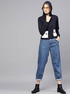 Navy Printed Pocket Crop Hoodie 4