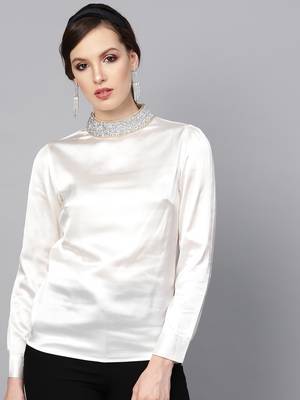 Ivory Satin Blingy Neck Top 1