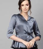 Grey Satin Peplum Wrap Top