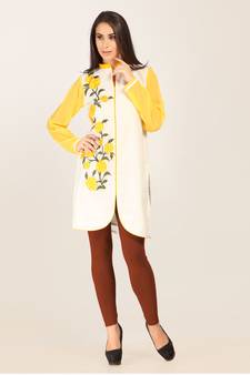 Yellow and Off White Georgette Embroidered Kurti
