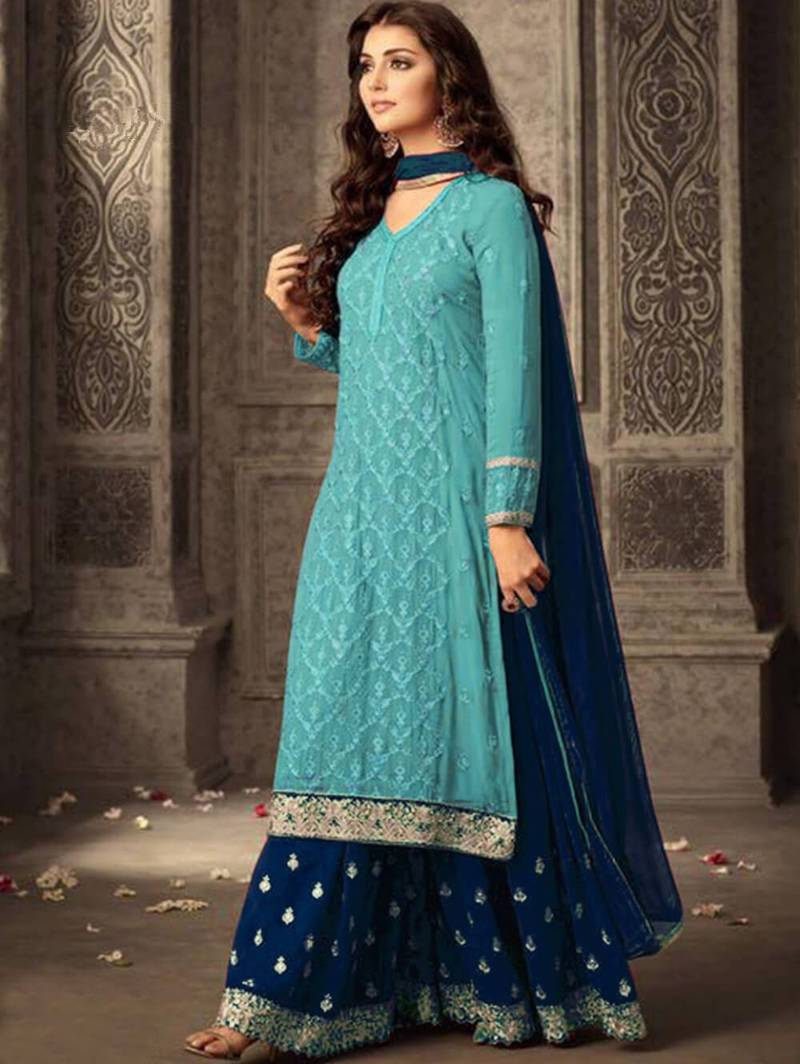 Turquoise and Blue Georgette Plazo Replica Suit - Zoharin