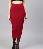Red Rib Pencil Midi Skirt