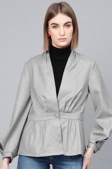 Light Grey Peplum Balloon Sleeve Blazer