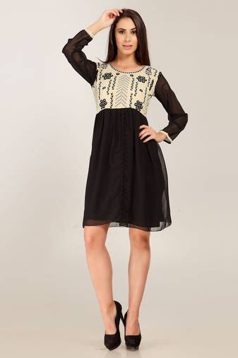 Black and Cream Georgette Embroidered  Full Sleeve Kurti