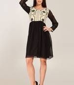 Black and Cream Georgette Embroidered  Full Sleeve Kurti