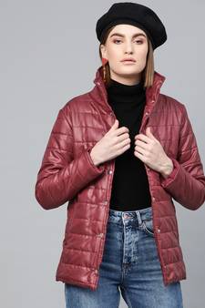 Burgundy High Neck Qulited Jacket
