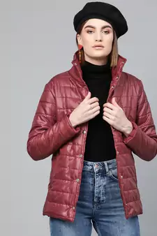 Burgundy High Neck Qulited Jacket