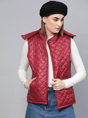 Maroon Quilted Sleeveless Hood Jacket 1