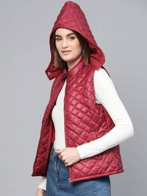 Maroon Quilted Sleeveless Hood Jacket 2