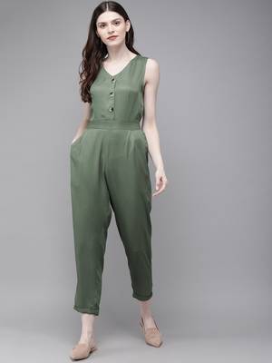 Olive Sleevless Tapered Belted Jumpsuit 1