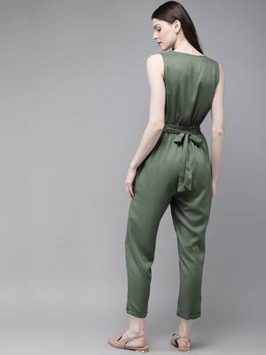Olive Sleevless Tapered Belted Jumpsuit 3