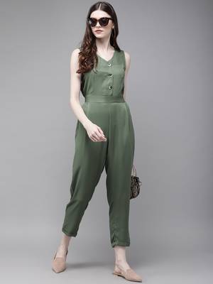 Olive Sleevless Tapered Belted Jumpsuit 4