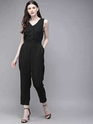 Black Sleevless Tapered Belted Jumpsuit 1