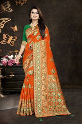 Orange woven banarasi saree with blouse 1