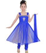 Blue Embroidered Art Silk Kids Salwar Suits