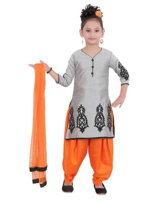 Grey Embroidered Art Silk Kids Salwar Suits 1