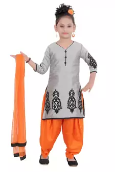 Grey Embroidered Art Silk Kids Salwar Suits