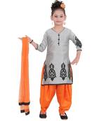 Grey Embroidered Art Silk Kids Salwar Suits