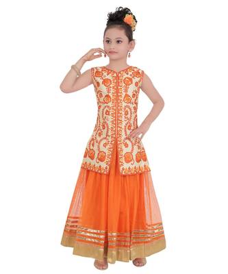 Orange Embroidered Art Silk Kids Salwar Suits 1