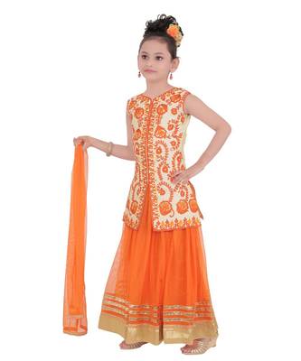 Orange Embroidered Art Silk Kids Salwar Suits 2