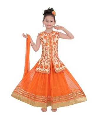 Orange Embroidered Art Silk Kids Salwar Suits 3