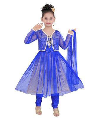 Blue Embroidered Taffeta Kids Salwar Suits 1