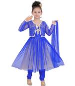 Blue Embroidered Taffeta Kids Salwar Suits