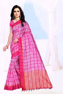 pink plain Khadi Cotton Saree with blouse 1