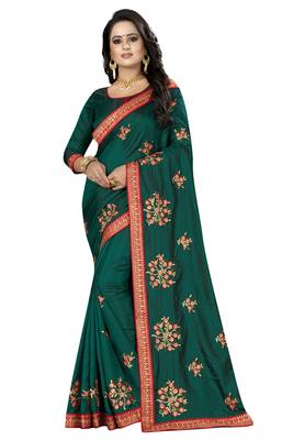 Teal Embroidered Silk Saree With Blouse 1