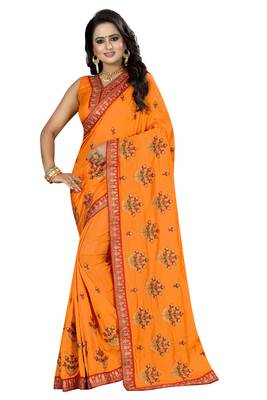 Orange Embroidered Silk Saree With Blouse 1