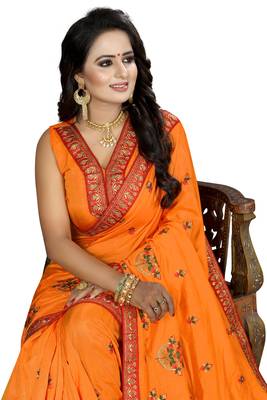 Orange Embroidered Silk Saree With Blouse 4