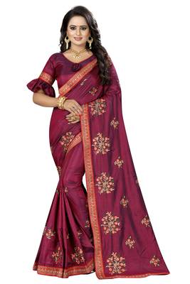 Purple Embroidered Silk Saree With Blouse 1