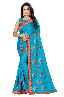 Sky Blue Embroidered Silk Saree With Blouse 1