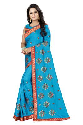 Sky Blue Embroidered Silk Saree With Blouse 2