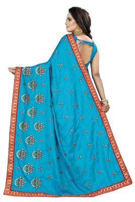 Sky Blue Embroidered Silk Saree With Blouse 3