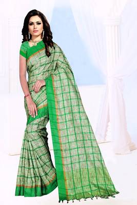 green plain Khadi Cotton Saree with blouse 1